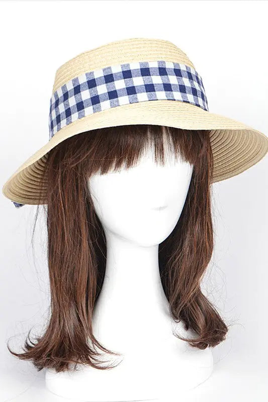 Checker Hat Band Straw Sun Hat