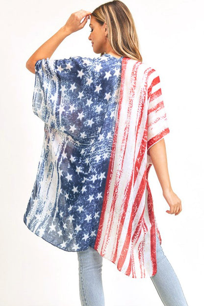 Distressed American Flag Printed Long Kimono