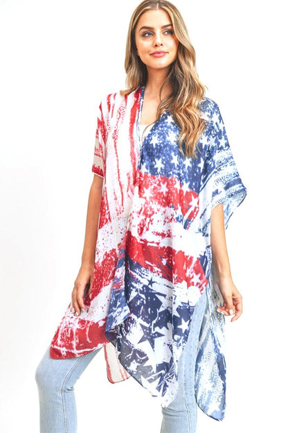 Distressed American Flag Printed Long Kimono