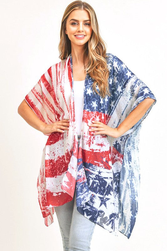 Distressed American Flag Printed Long Kimono