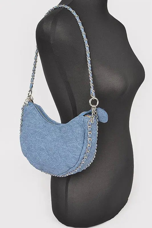 Double Chain Strap Quilted Denim Shoulder Bag Artini Accessories