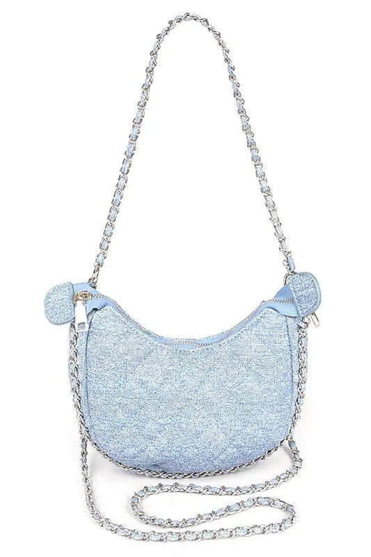 Double Chain Strap Quilted Denim Shoulder Bag Artini Accessories