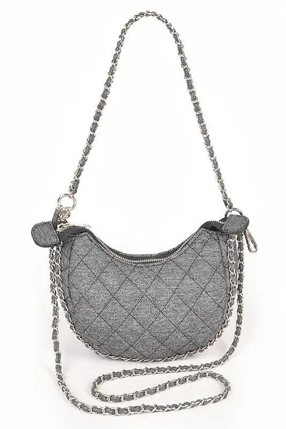 Double Chain Strap Quilted Denim Shoulder Bag Artini Accessories