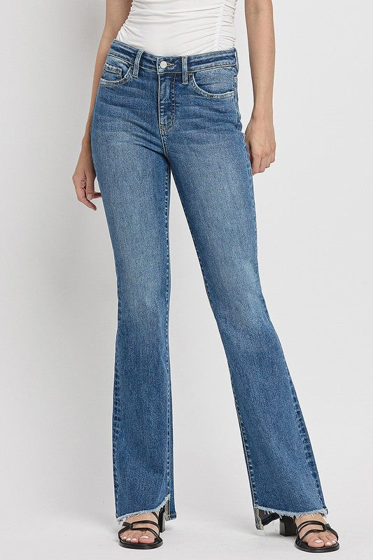 High Rise Slant Hem Flare Jeans