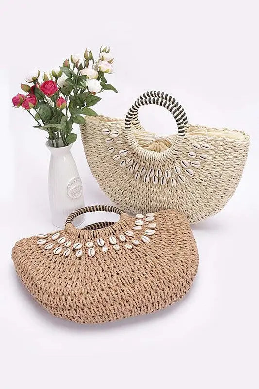 Top Handle Sea Shell Faux Straw Tote Bag Artini Accessories