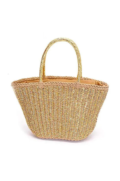 Metallic Faux Straw Basket Tote Bag Artini Accessories