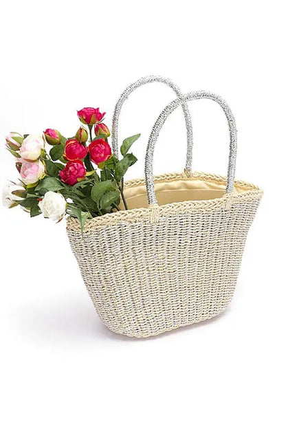 Metallic Faux Straw Basket Tote Bag Artini Accessories