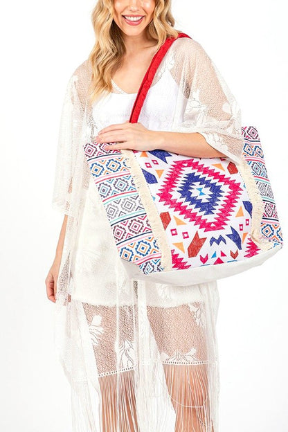 Aztec Printed Embroidered Oversize Tote Bag