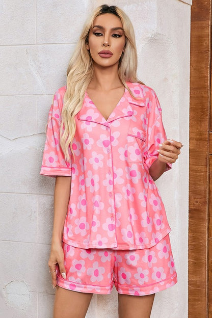 Women Flower Print Short Sleeve Shirt Pajamas Set