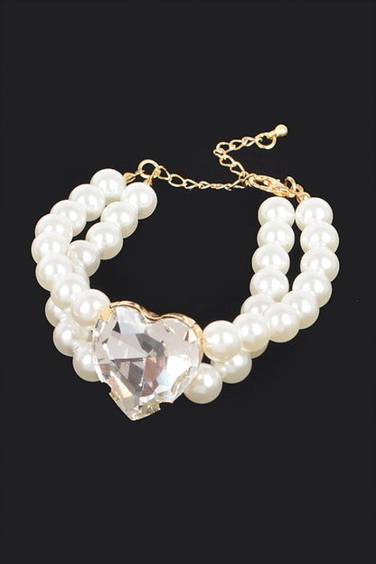 Crystal Heart Layered Pearl Bracelet