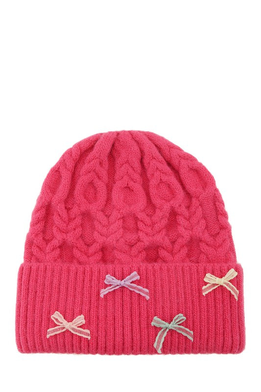 Cable Knit Beanie with Mini Bow Accent