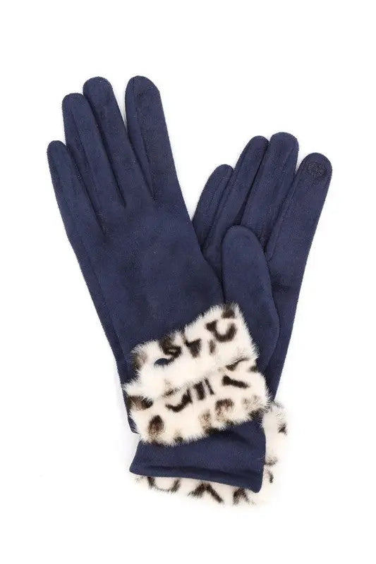 Leopard Printed Fur Trim Sueded Smart Gloves