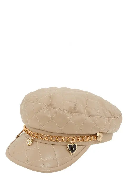 Leather Beret Cap with Chain and Number 5 Accent ICCO ACCESSORIES