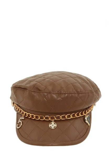 Leather Beret Cap with Chain and Number 5 Accent ICCO ACCESSORIES