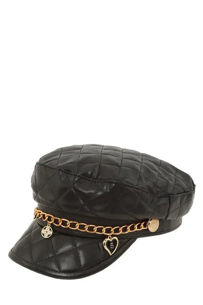 Leather Beret Cap with Chain and Number 5 Accent ICCO ACCESSORIES