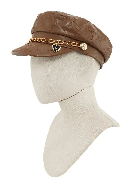 Leather Beret Cap with Chain and Number 5 Accent ICCO ACCESSORIES