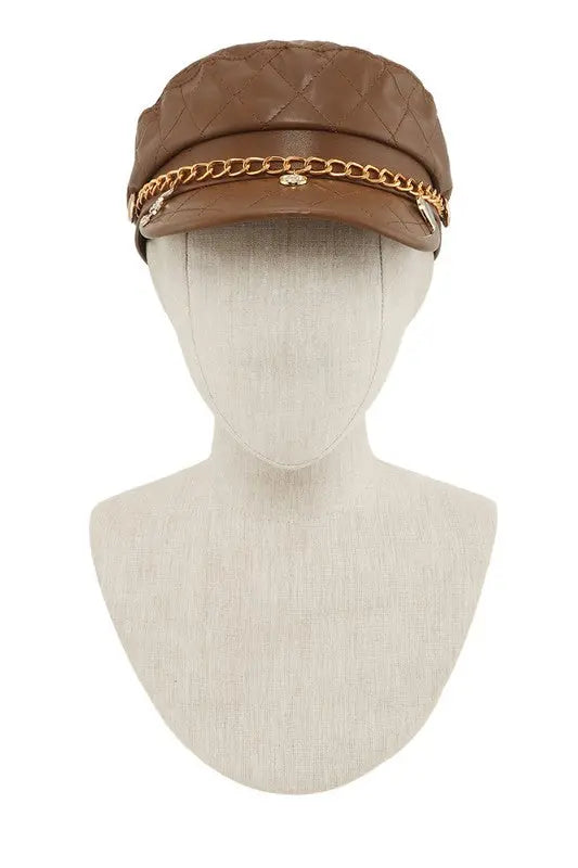 Leather Beret Cap with Chain and Number 5 Accent ICCO ACCESSORIES