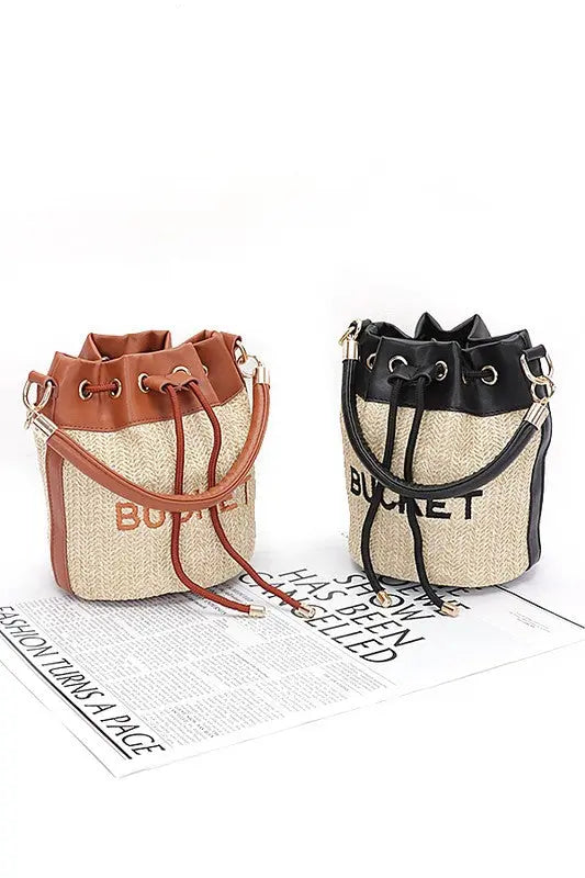 Top Handle Faux Straw Bucket Bag Artini Accessories