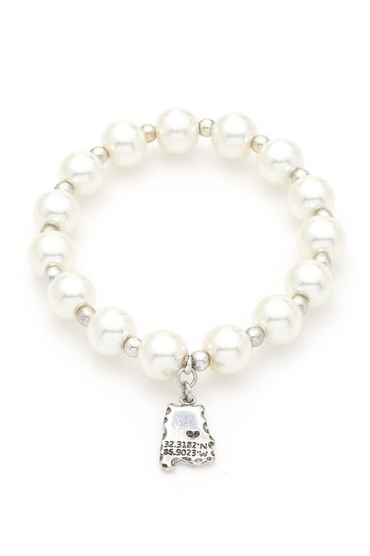 Alabama State Map Charm Pearl Stretch Bracelet