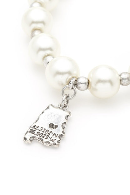 Alabama State Map Charm Pearl Stretch Bracelet