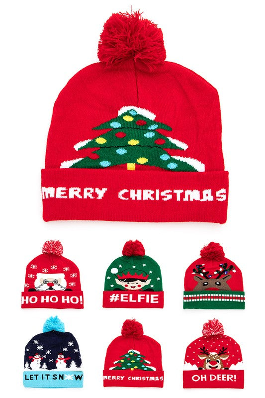 Intarsia Christmas Holiday Pom Pom Beanie Set