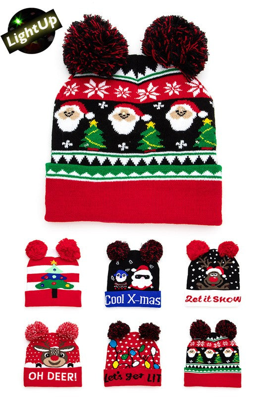 Double Pom Pom LED Christmas Light Up Beanies Set