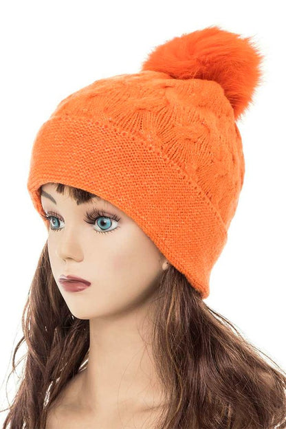 Cuffed Genuine Fur Pom Slouchy Beanie