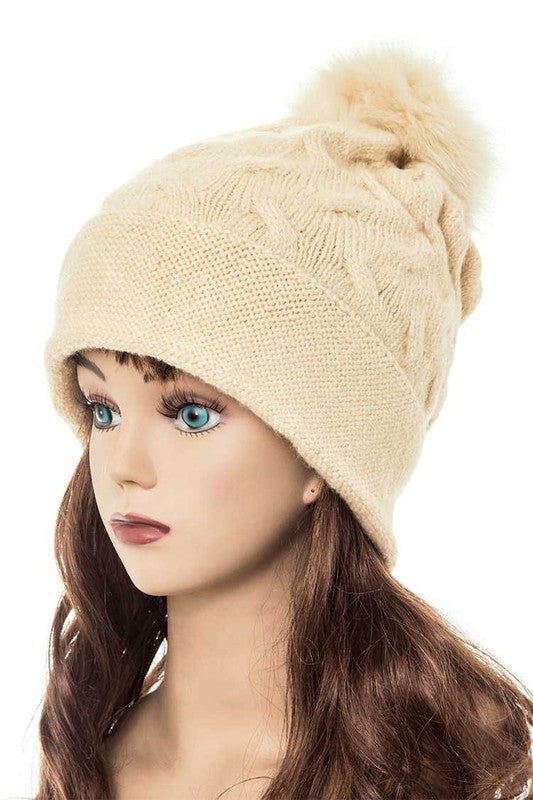 Cuffed Genuine Fur Pom Slouchy Beanie