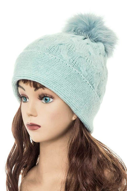 Cuffed Genuine Fur Pom Slouchy Beanie