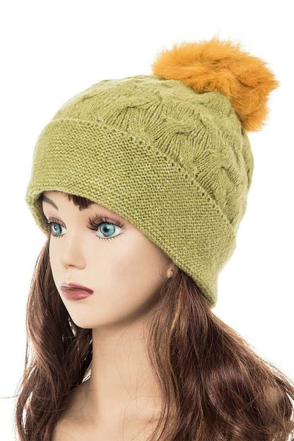 Cuffed Genuine Fur Pom Slouchy Beanie