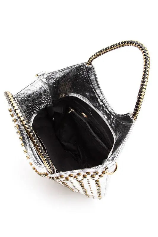 Crystal Studs Embellished Top Handle Tote Bag LA Jewelry Plaza