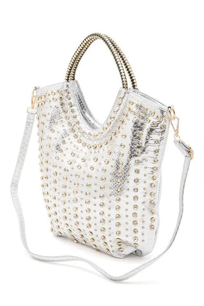 Crystal Studs Embellished Top Handle Tote Bag LA Jewelry Plaza