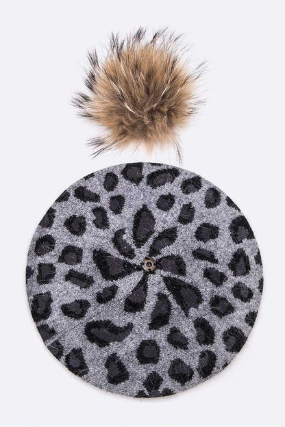 Wool Blend Leopard Print Raccoon Fur Pom Beret