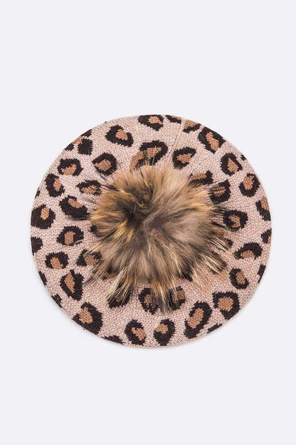 Wool Blend Leopard Print Raccoon Fur Pom Beret