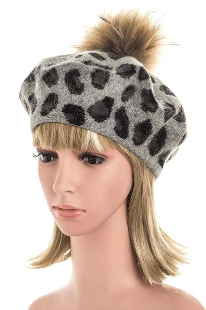 Wool Blend Leopard Print Raccoon Fur Pom Beret