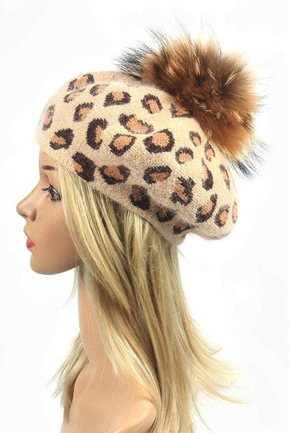 Wool Blend Leopard Print Raccoon Fur Pom Beret