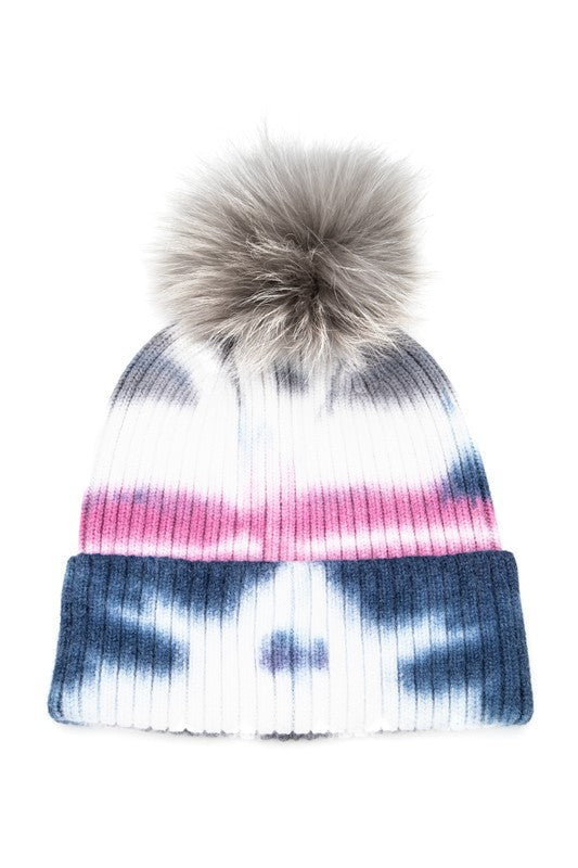 Large Genuine Fur Pom Tie Dyed Cotton Blend Beanie