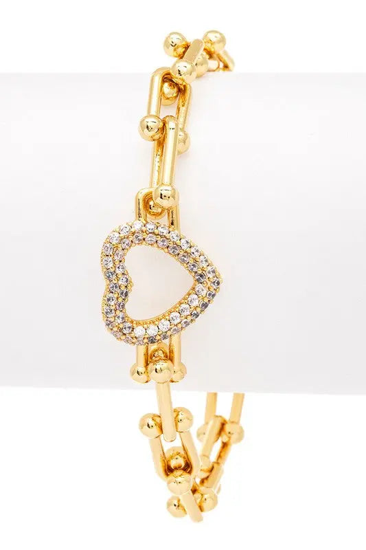 Micro Pave Heart Charm Paperclip Bracelet LA Jewelry Plaza