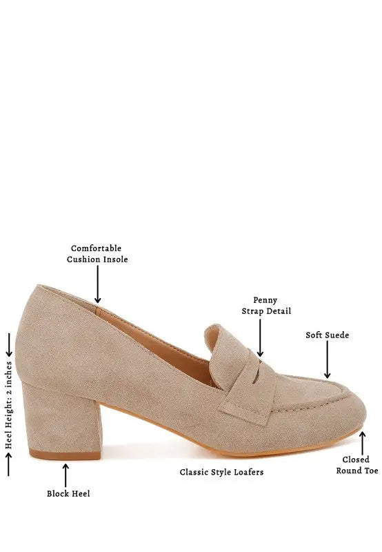 Astra Block Heel Genuine Suede Loafers Rag Company