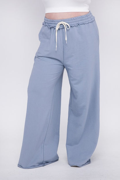 Plus F/Terry Drawstring Waist Raw Edge Hem Pants