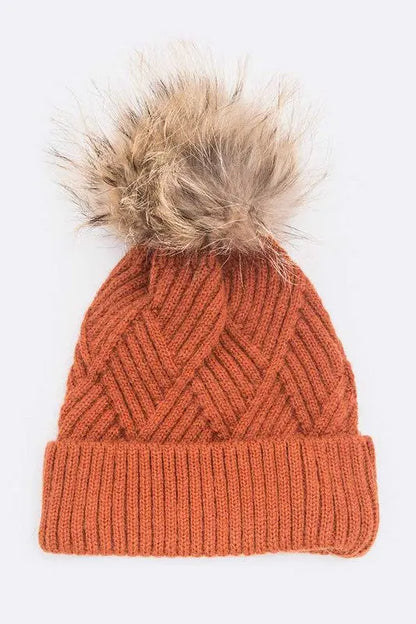 Raised Knit Raccoon Fur Pom Beanie LA Jewelry Plaza