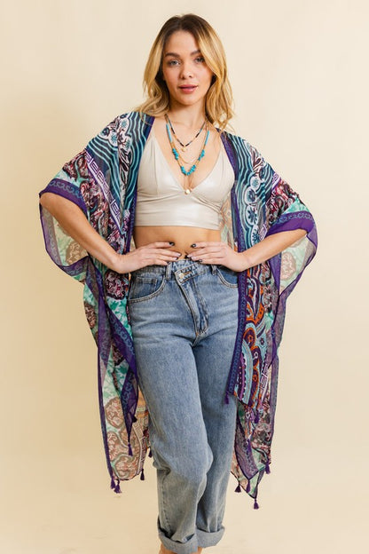 Paisley Print Open Front Kimono w/ Cinched Arms