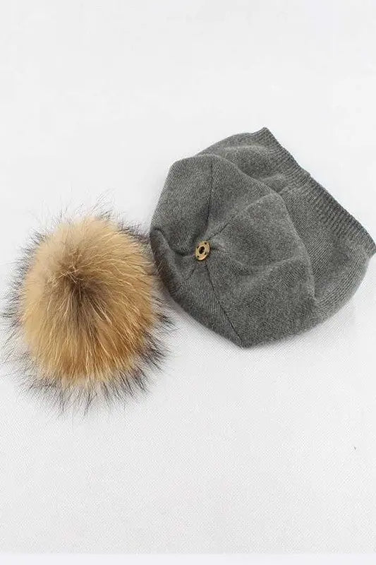 Raccoon Fur PomPom Pre-Sewed Slouchy Beanie LA Jewelry Plaza