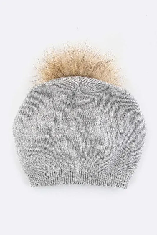 Raccoon Fur PomPom Pre-Sewed Slouchy Beanie LA Jewelry Plaza