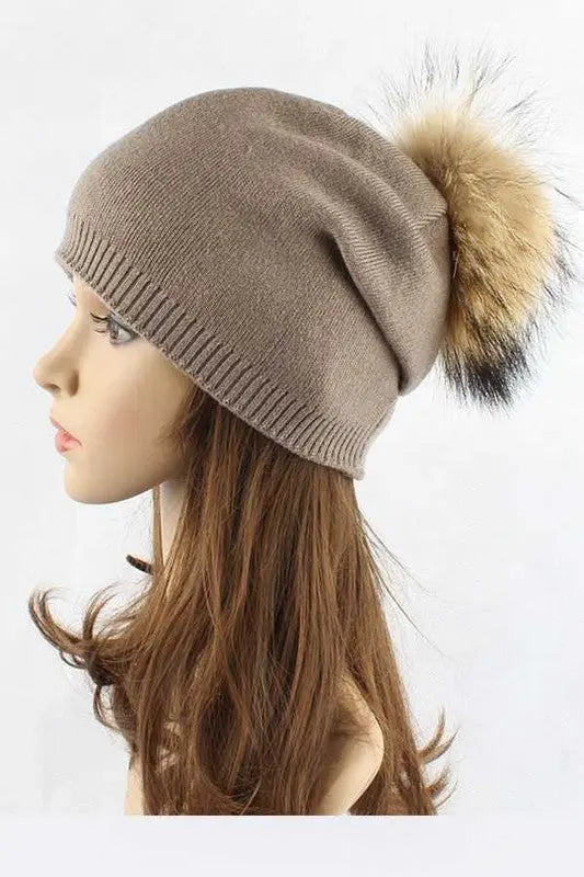 Raccoon Fur PomPom Pre-Sewed Slouchy Beanie LA Jewelry Plaza