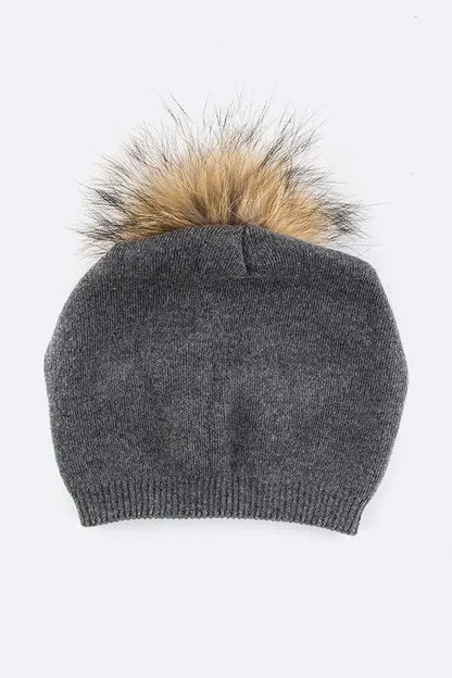 Raccoon Fur PomPom Pre-Sewed Slouchy Beanie LA Jewelry Plaza