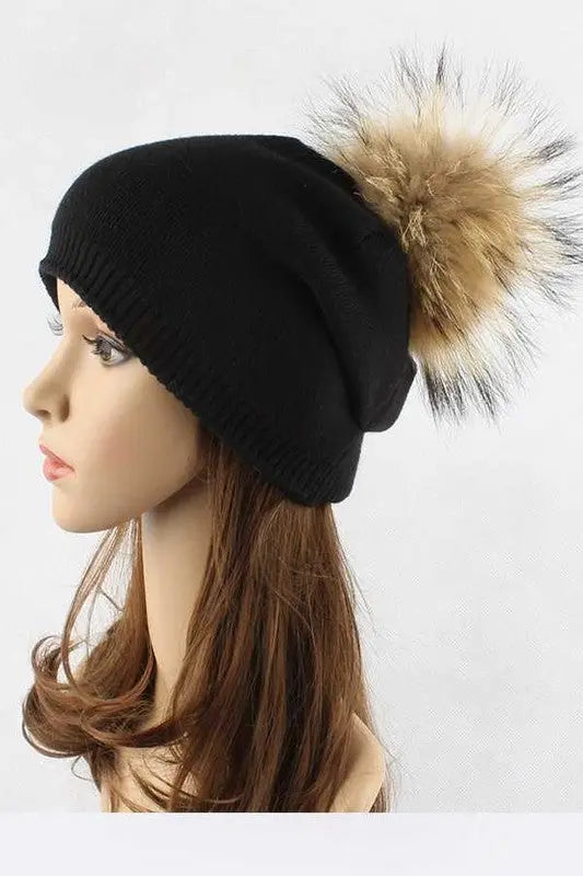 Raccoon Fur PomPom Pre-Sewed Slouchy Beanie LA Jewelry Plaza