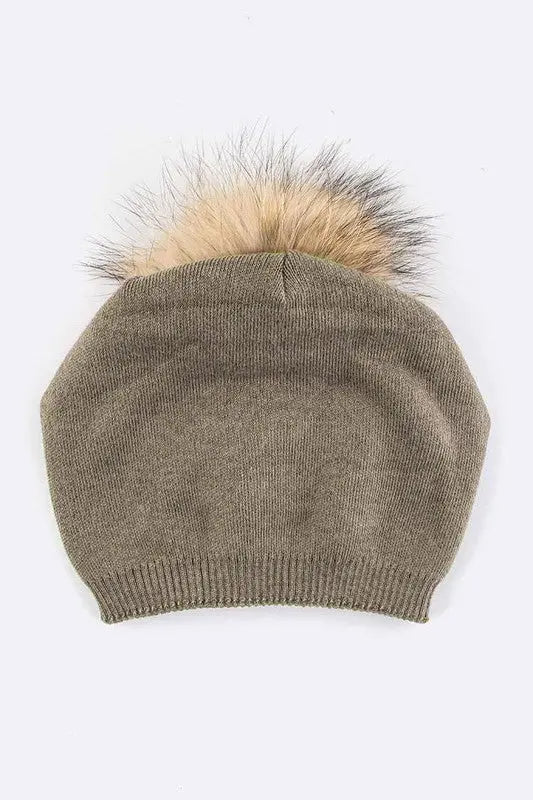 Raccoon Fur PomPom Pre-Sewed Slouchy Beanie LA Jewelry Plaza