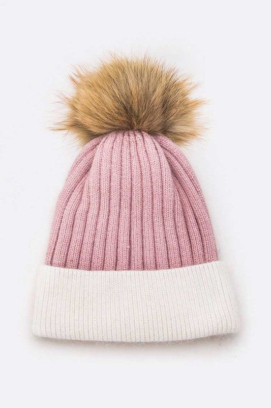 Raccoon Fur PomPom 2 Tone Beanie