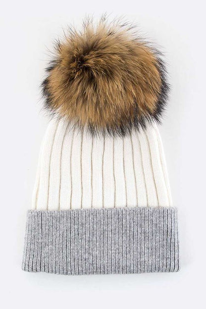 Raccoon Fur PomPom 2 Tone Beanie